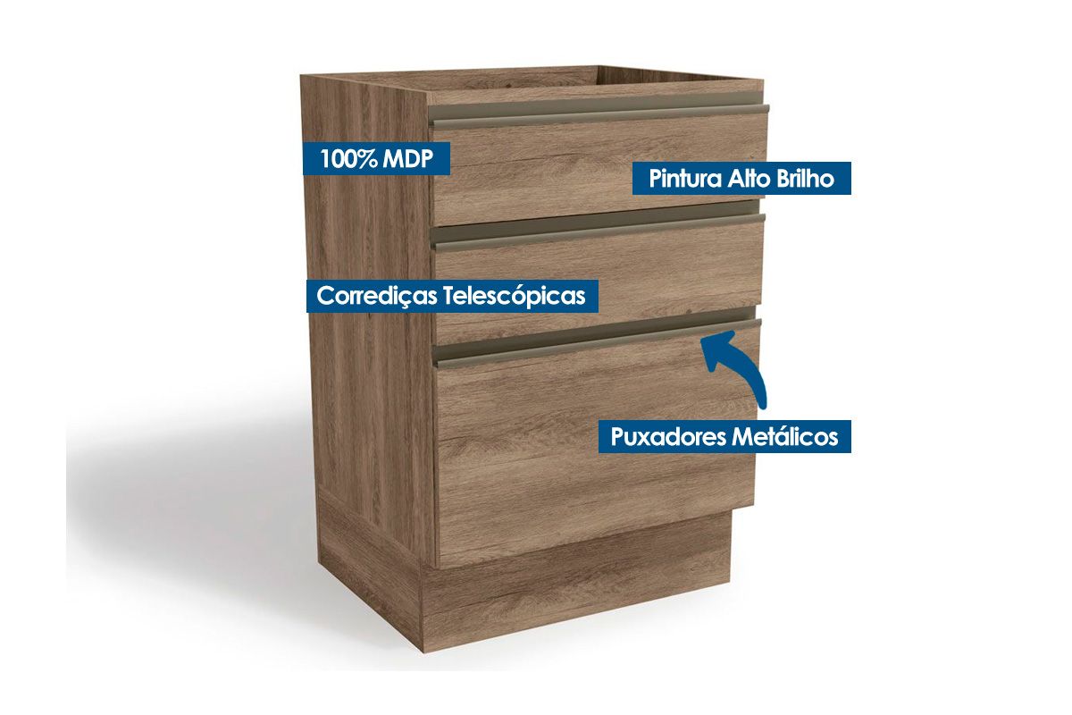 Balcão Cozinha Kappesberg Maxxi G743 c/3 Gavs s/Tampo 60cm