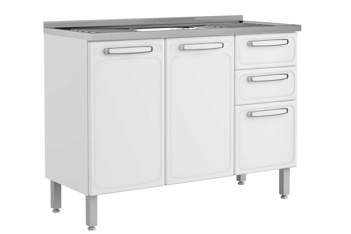 Balcão Cozinha Bertolini c/Pia Evidence 7025 c/3 Portas 2 Gavetas 120cmBranco Balcão Cozinha Bertolini c/Pia Evidence 7025 c/3 Portas 2 Gavetas 120cmBranco