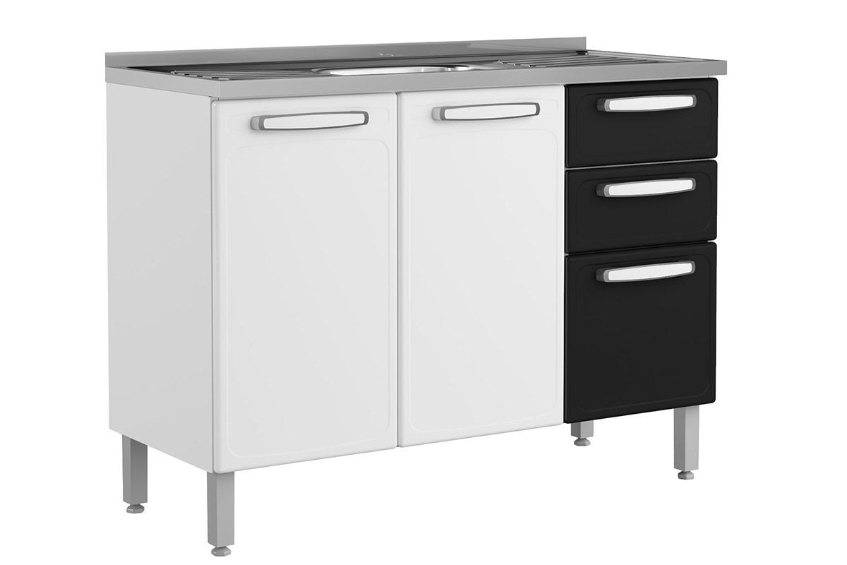 Balcão Cozinha Bertolini c/Pia Evidence 7025 c/3 Portas 2 Gavetas 120cmBranco/Preto Balcão Cozinha Bertolini c/Pia Evidence 7025 c/3 Portas 2 Gavetas 120cmBranco/Preto