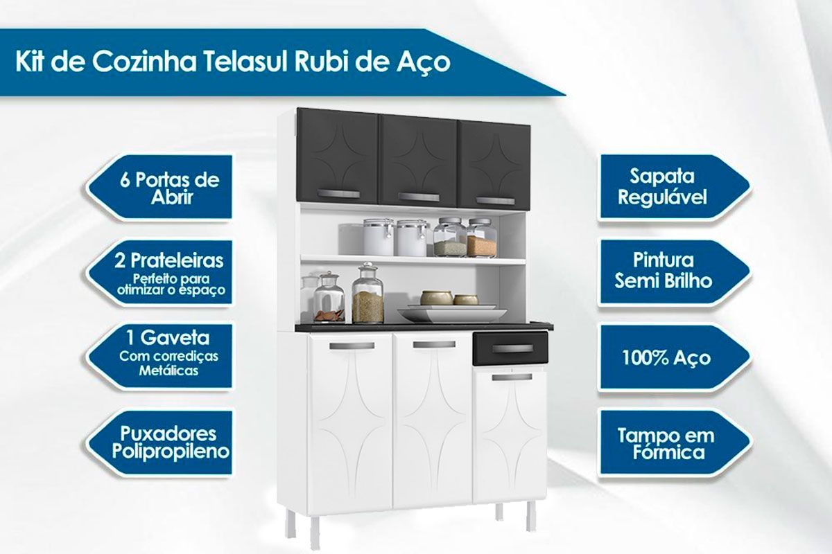 Cozinha Compacta Telasul Kit Rubi Smart Aço c/6 Portas e 1 Gaveta 105cm Cozinha Compacta Telasul Kit Rubi Smart Aço c/6 Portas e 1 Gaveta 105cm