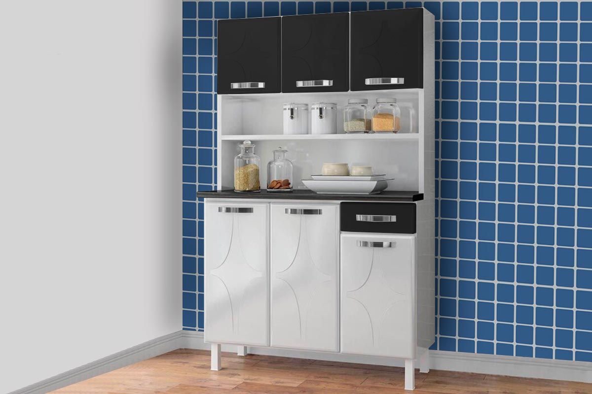 Cozinha Compacta Telasul Kit Rubi Smart Aço c/6 Portas e 1 Gaveta 105cmBranco/Preto