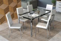 Sala Jantar Mesa Reno c/ Tampo de Vidro 150x80cm e 6 Cadeiras Amsterdã - Kappesberg