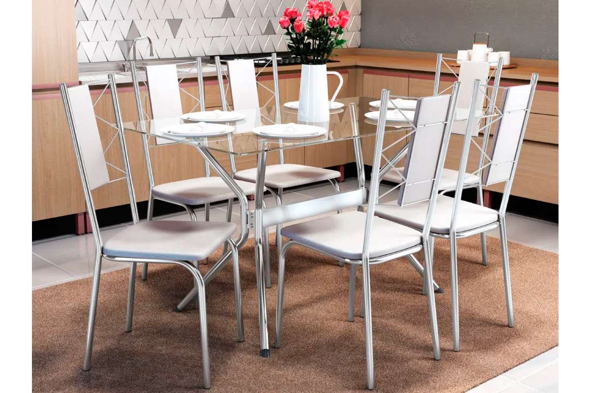 Sala Jantar Mesa Loire c/ Tampo de Vidro 150x80cm e 6 Cadeiras Lisboa - Kappesberg