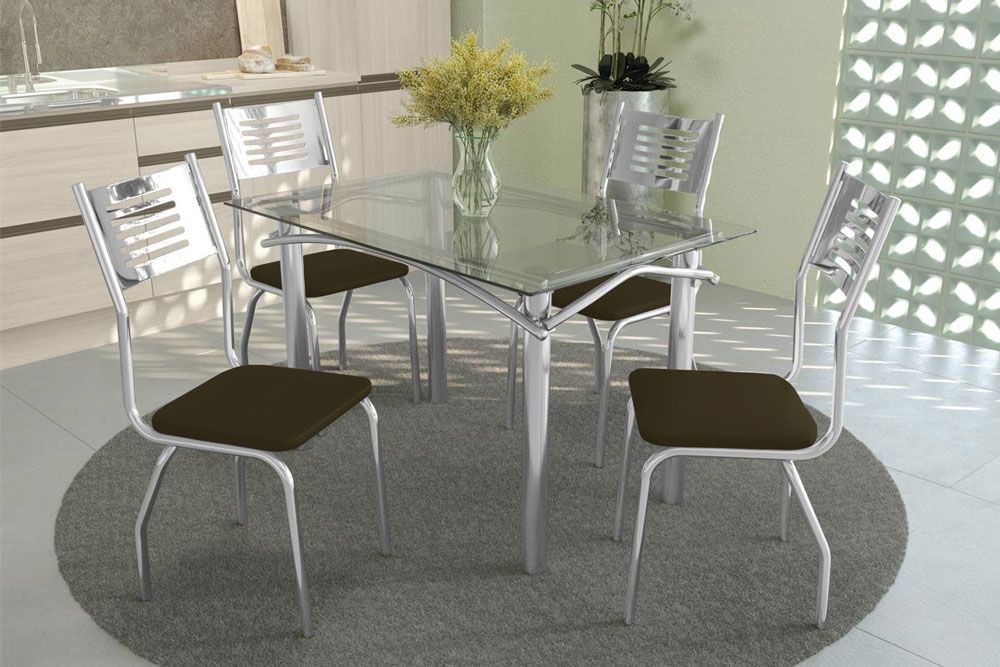 Sala de Jantar Completa Elba Aço c/ Tampo de Vidro 120x80cm e 4 Cadeiras Munique - Kappesberg