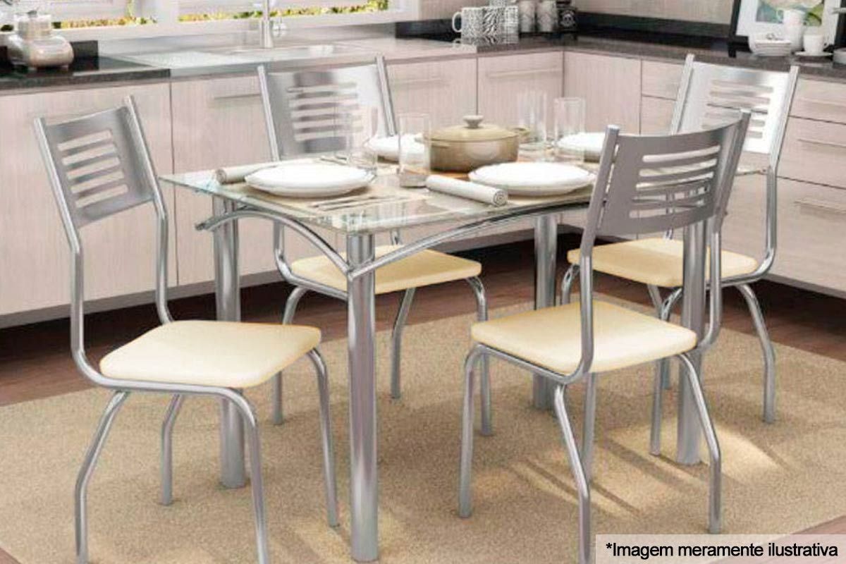 Sala de Jantar Completa Elba Aço c/ Tampo de Vidro 120x80cm e 4 Cadeiras Munique - Kappesberg