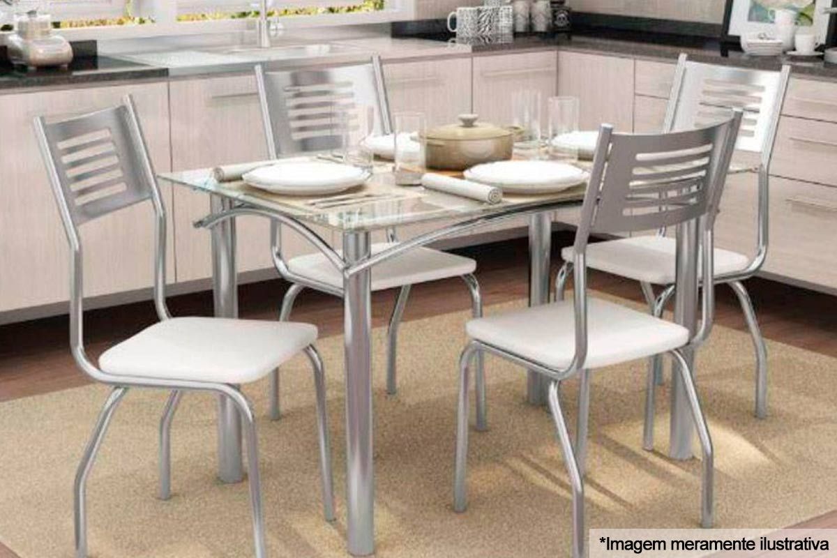 Sala de Jantar Completa Elba Aço c/ Tampo de Vidro 120x80cm e 4 Cadeiras Munique - Kappesberg