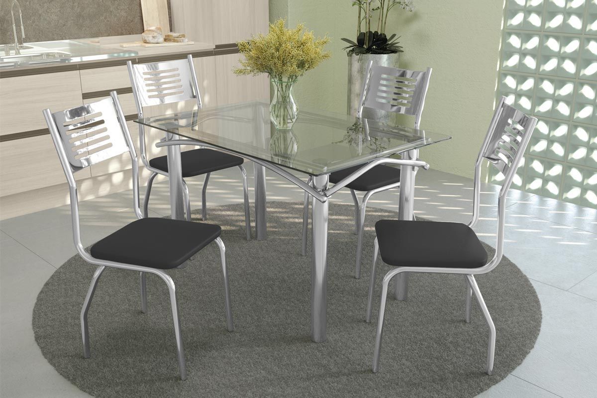 Sala de Jantar Completa Elba Aço c/ Tampo de Vidro 120x80cm e 4 Cadeiras Munique - Kappesberg