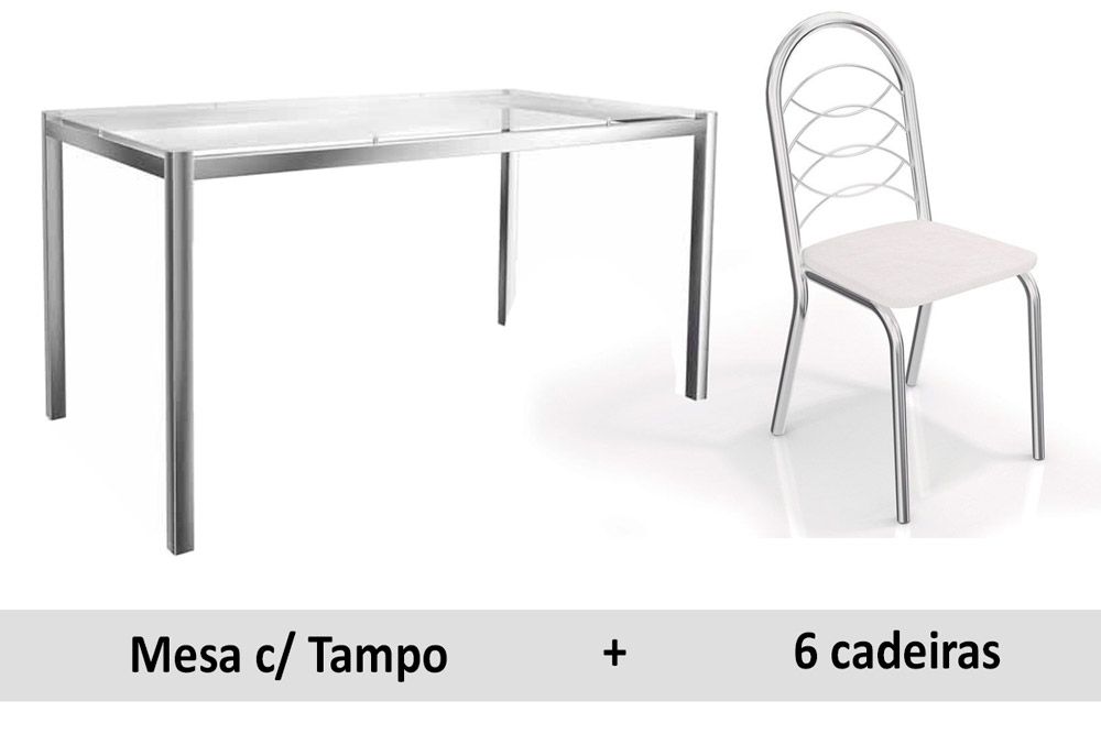 Sala Jantar Mesa Reno c/ Tampo de Vidro 150x80cm e 6 Cadeiras Holanda - Kappesberg