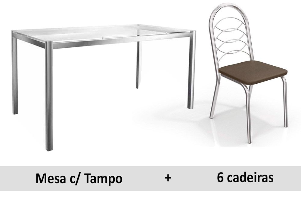 Sala Jantar Mesa Reno c/ Tampo de Vidro 150x80cm e 6 Cadeiras Holanda - Kappesberg