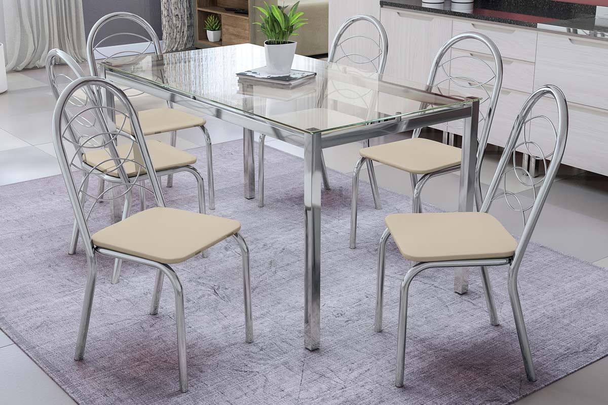 Sala Jantar Mesa Reno c/ Tampo de Vidro 150x80cm e 6 Cadeiras Holanda - Kappesberg