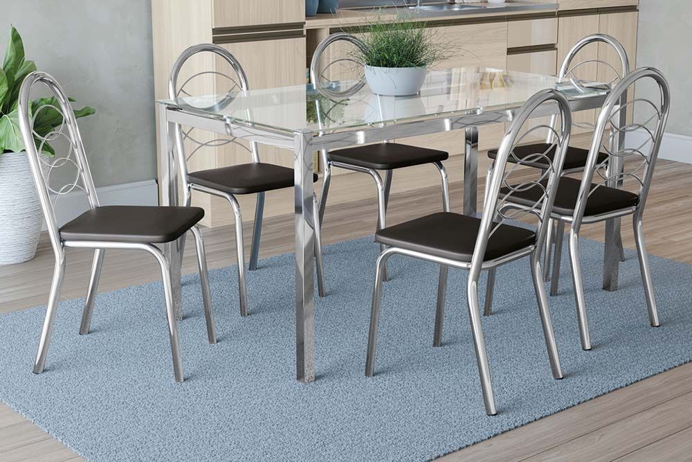 Sala Jantar Mesa Reno c/ Tampo de Vidro 150x80cm e 6 Cadeiras Holanda - Kappesberg