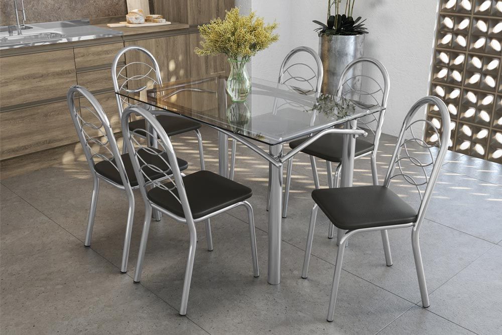 Sala Jantar Mesa Elba c/ Tampo de Vidro 120cm e 6 Cadeiras Holanda - Kappesberg
