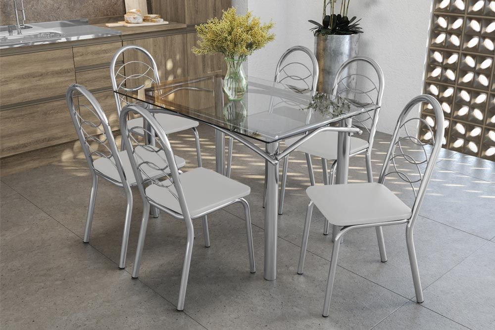 Sala Jantar Mesa Elba c/ Tampo de Vidro 120cm e 6 Cadeiras Holanda - Kappesberg