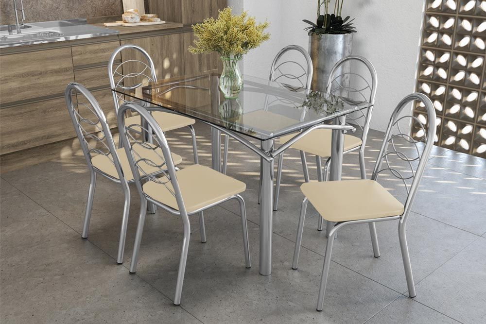 Sala Jantar Mesa Elba c/ Tampo de Vidro 120cm e 6 Cadeiras Holanda - Kappesberg