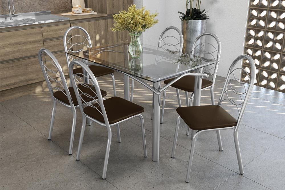 Sala Jantar Mesa Elba c/ Tampo de Vidro 120cm e 6 Cadeiras Holanda - Kappesberg