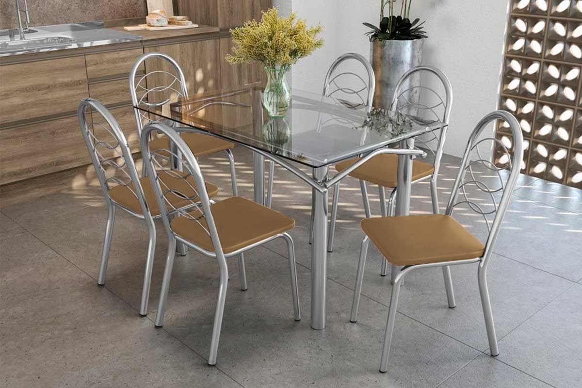 Sala Jantar Mesa Elba c/ Tampo de Vidro 120cm e 6 Cadeiras Holanda - Kappesberg