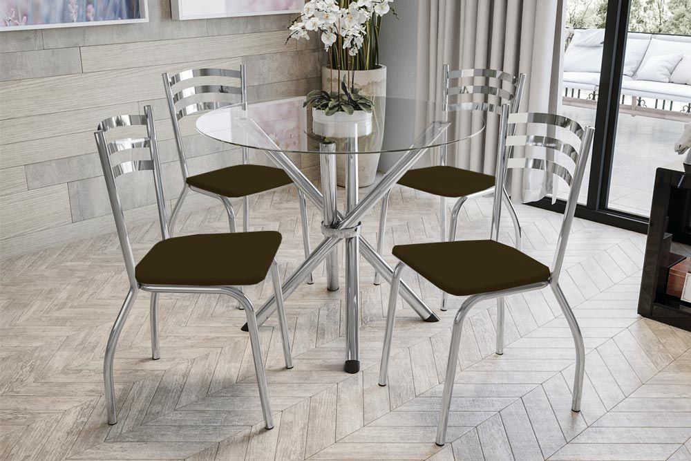 Sala Jantar Mesa Volga c/ Tampo de Vidro 95cm e 4 Cadeiras Portugal - Kappesberg