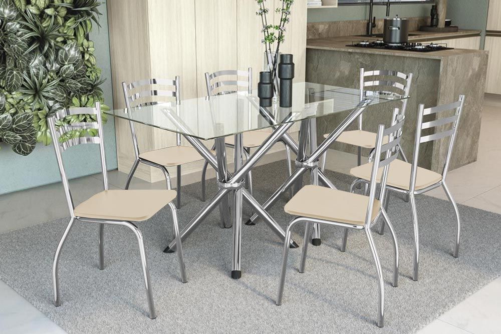 Sala Jantar Mesa Volga c/ Tampo de Vidro 150x80cm e 6 Cadeiras Portugal - Kappesberg