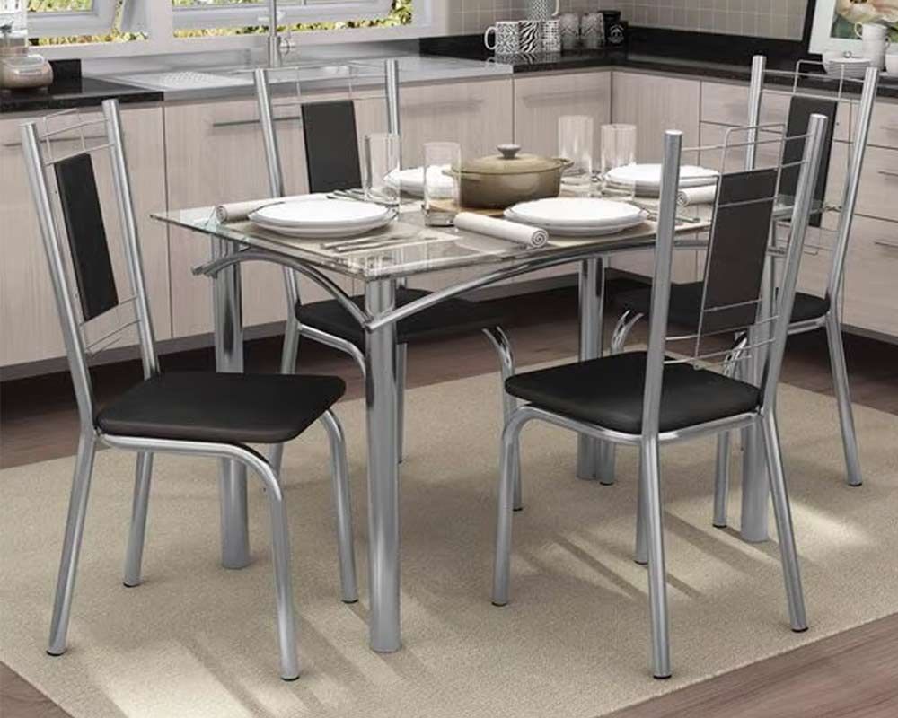 Sala Jantar Mesa Elba Aço c/ Tampo de Vidro 120x80cm e 4 Cadeiras Florença - Kappesberg