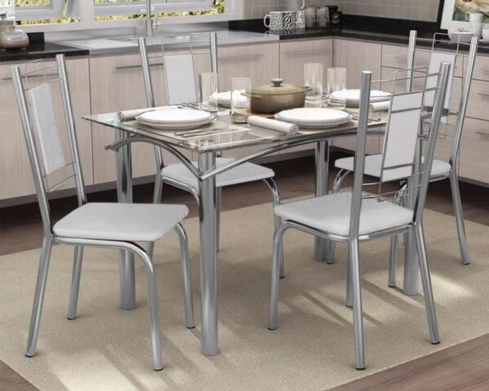Sala Jantar Mesa Elba Aço c/ Tampo de Vidro 120x80cm e 4 Cadeiras Florença - Kappesberg