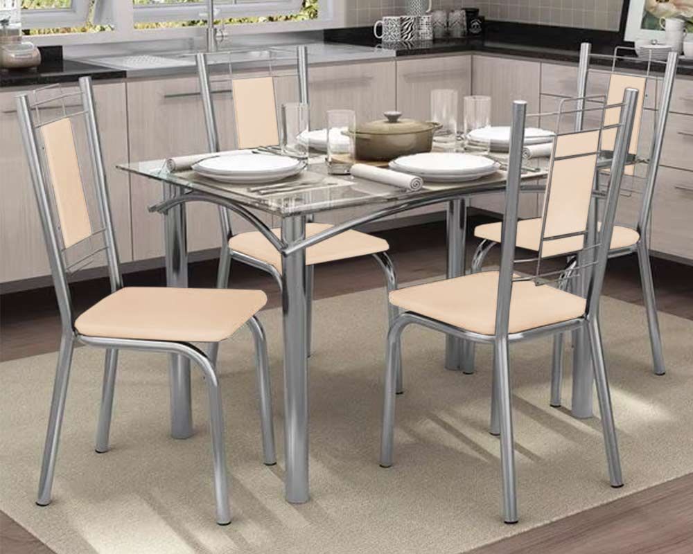 Sala Jantar Mesa Elba Aço c/ Tampo de Vidro 120x80cm e 4 Cadeiras Florença - Kappesberg