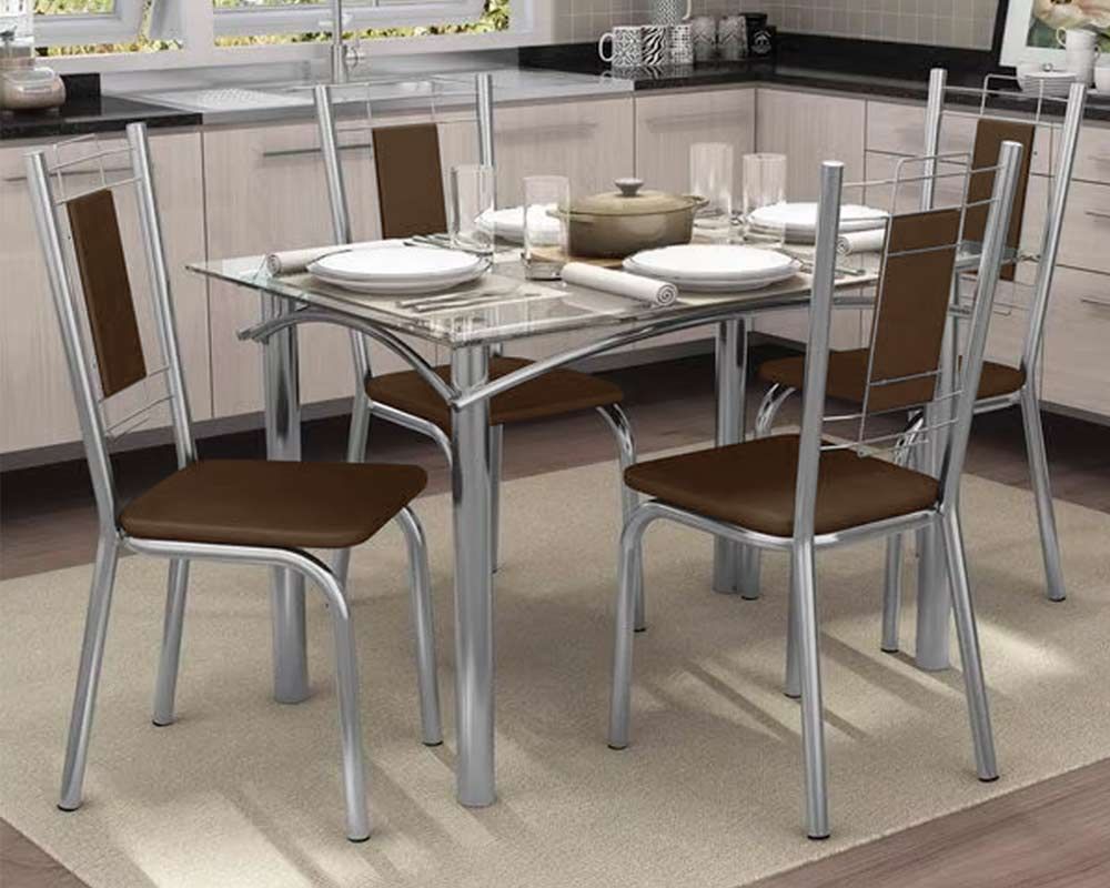 Sala Jantar Mesa Elba Aço c/ Tampo de Vidro 120x80cm e 4 Cadeiras Florença - Kappesberg