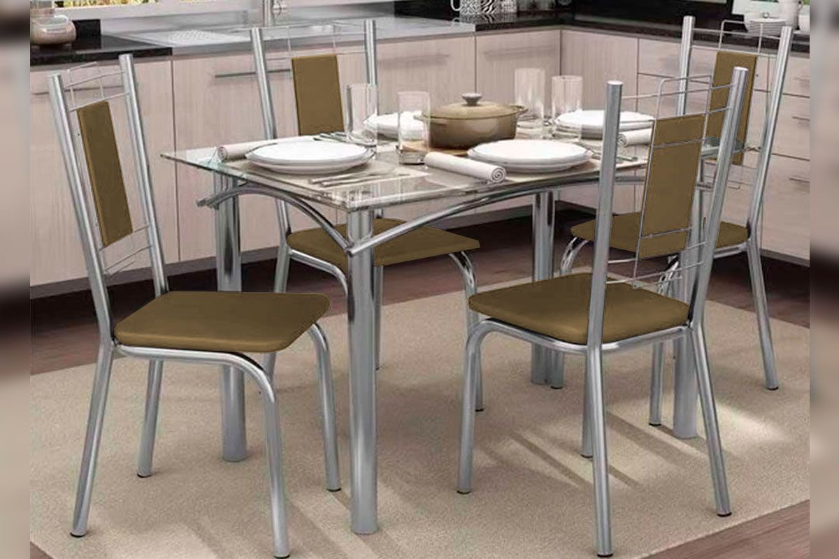Sala Jantar Mesa Elba Aço c/ Tampo de Vidro 120x80cm e 4 Cadeiras Florença - Kappesberg
