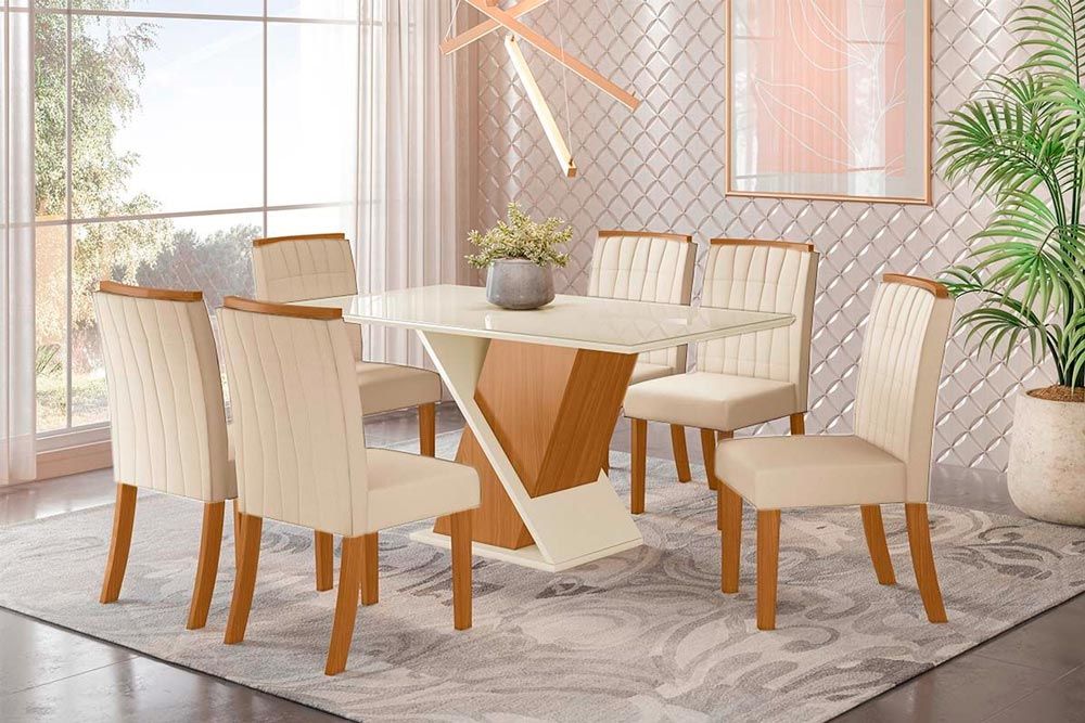 Sala de Jantar Completa Solus Tampo Madeirado c/ Vidro 160x90cm e 6 Cadeiras Tauá - Henn
