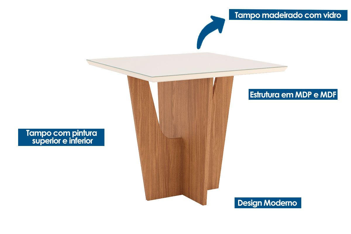Sala de Jantar Completa Vértice c/ Tampo Madeirado 90x90cm e 4 Cadeiras Tauá - Henn