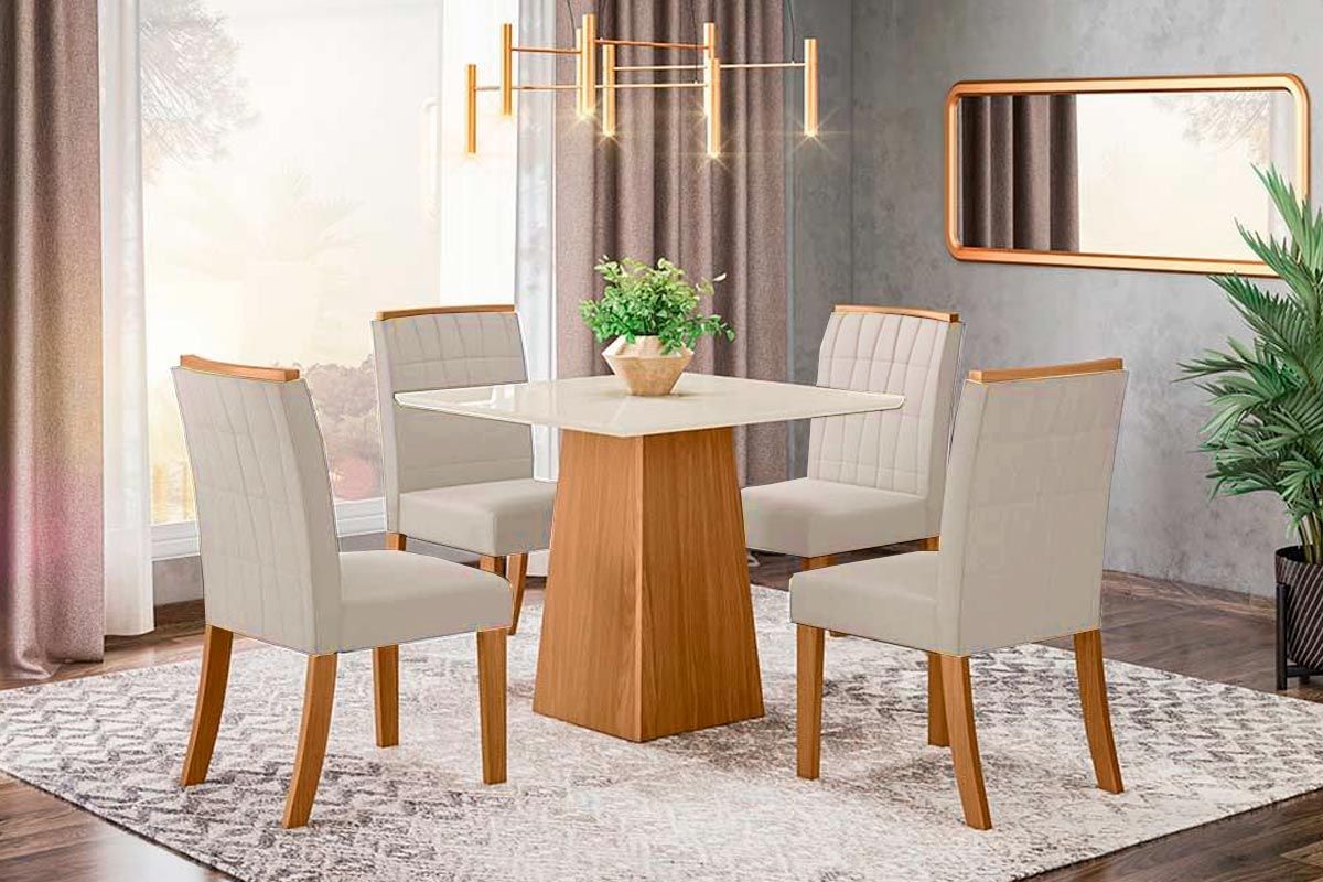 Sala de Jantar Completa Dora Tampo Madeirado 90x90cm e 4 Cadeiras Tauá - Henn