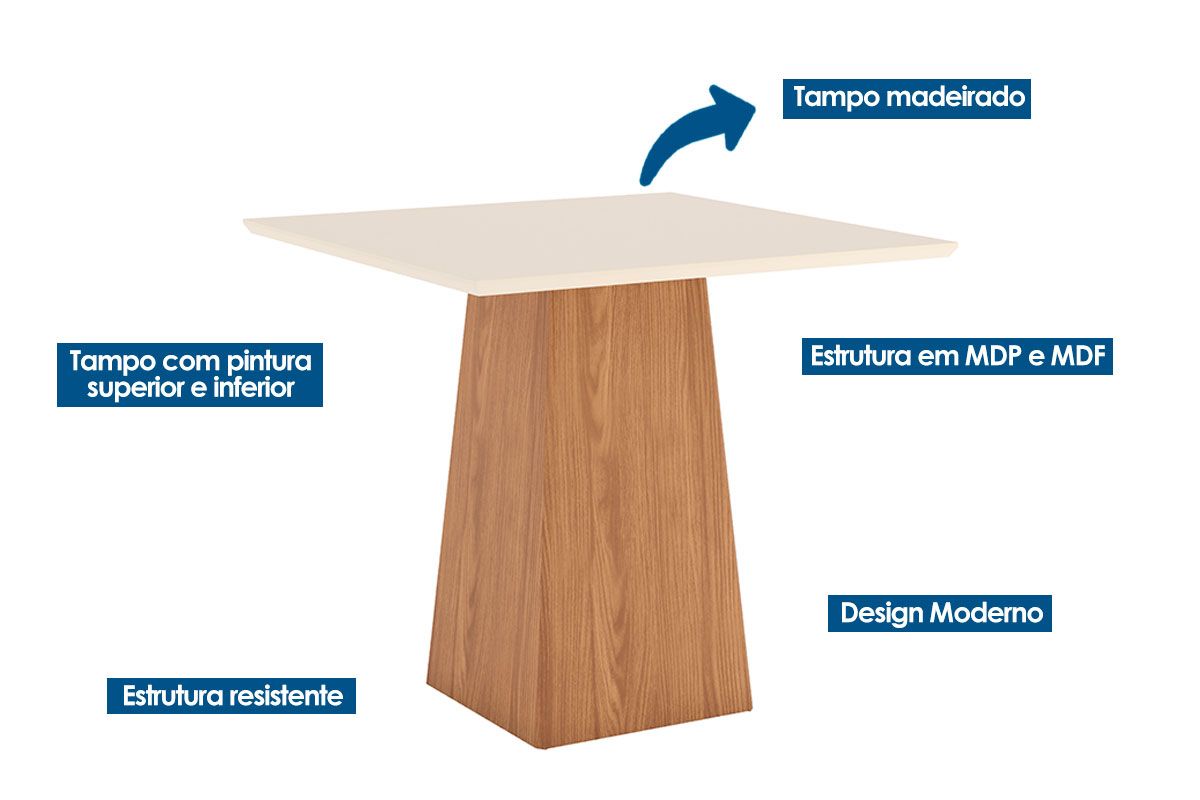 Sala de Jantar Completa Dora Tampo Madeirado 90x90cm e 4 Cadeiras Tauá - Henn