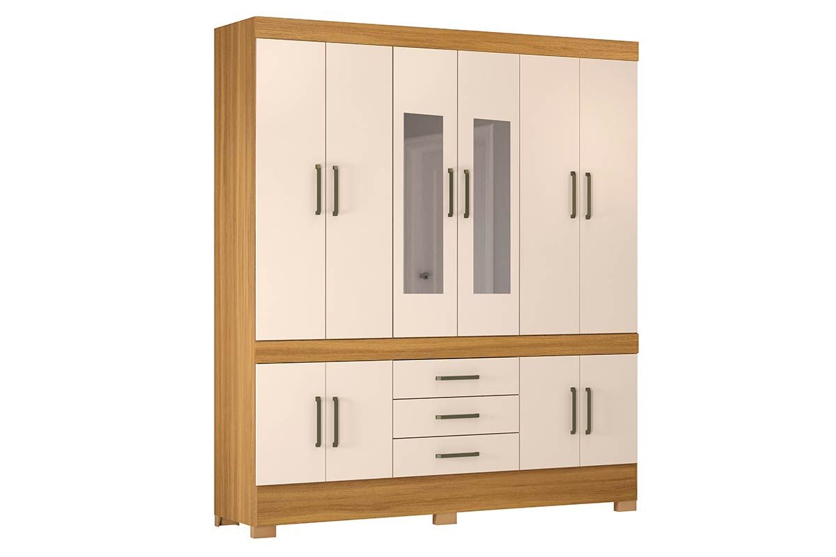 Guarda Roupa Casal 10 Portas (2 c/Espelho) e 3 Gavetas c/Pés New Murano DemóbileCinamon/Off White