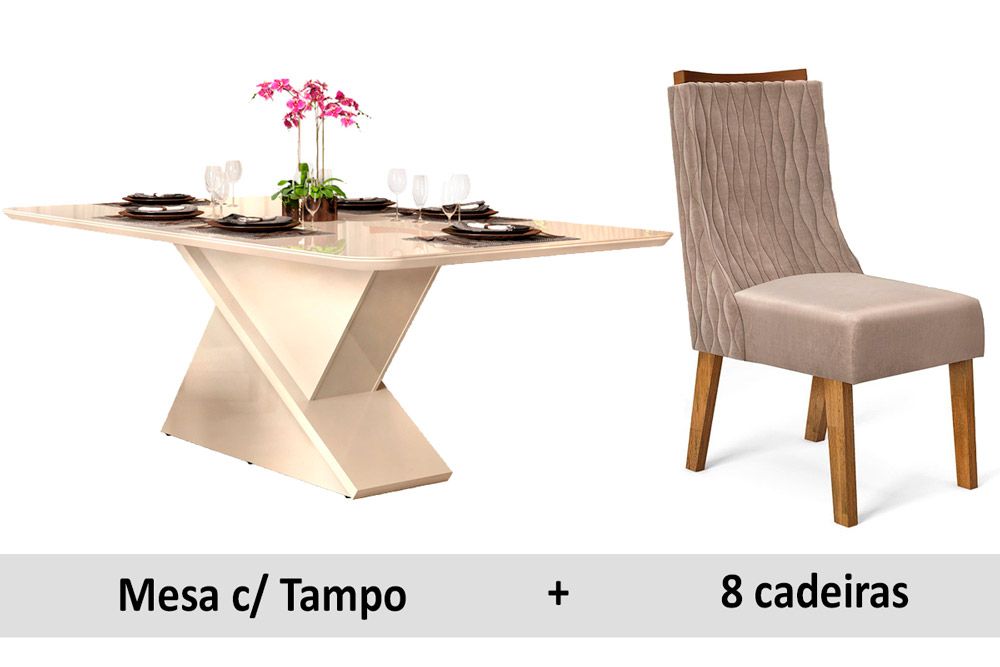 Sala de Jantar Completa Zafira c/ Tampo Madeirado c/ Vidro Canto Curvo 200x100cm e 8 Cadeiras Jade - DJ Móveis