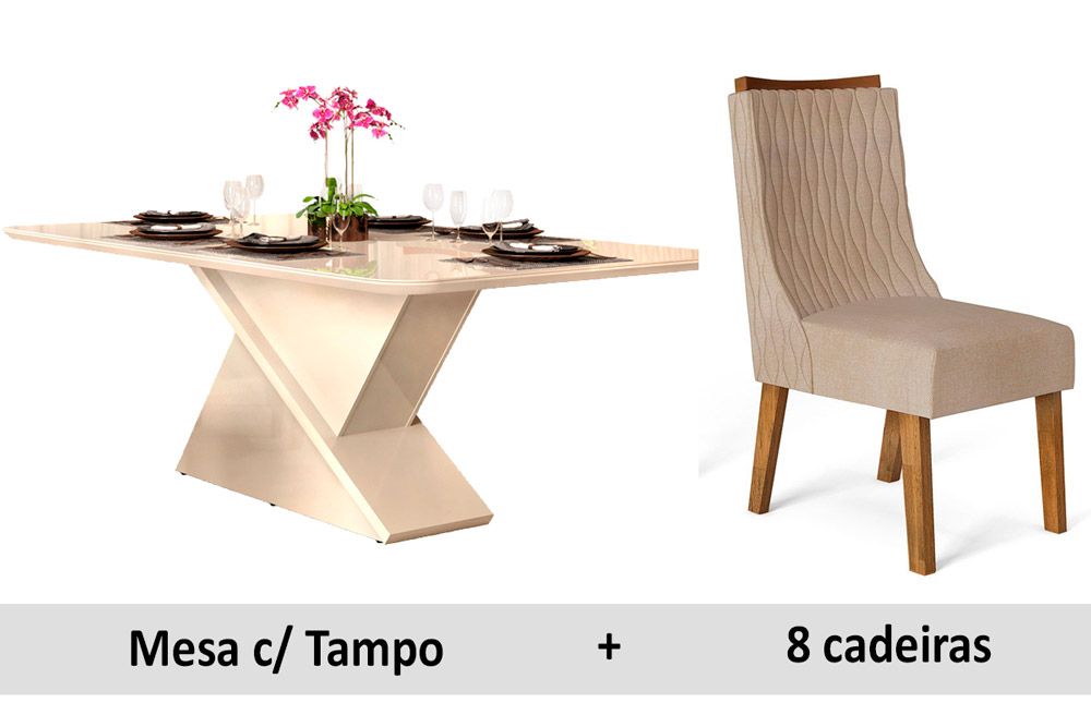 Sala de Jantar Completa Zafira c/ Tampo Madeirado c/ Vidro Canto Curvo 200x100cm e 8 Cadeiras Jade - DJ Móveis