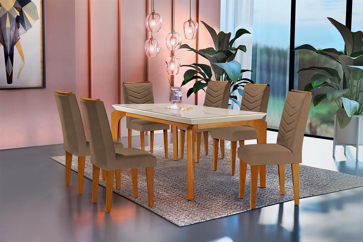 Sala Jantar Mesa Londrina Tampo MDF/Vidro Canto Curvo 180cm + 6Cadeiras Londrina - Rufato