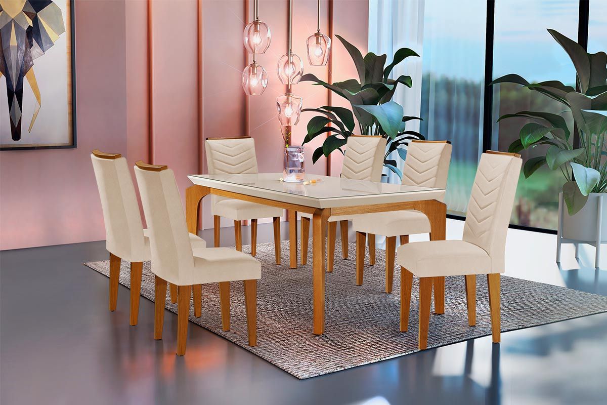 Sala Jantar Mesa Londrina Tampo MDF/Vidro Canto Curvo 180cm + 6Cadeiras Londrina - Rufato