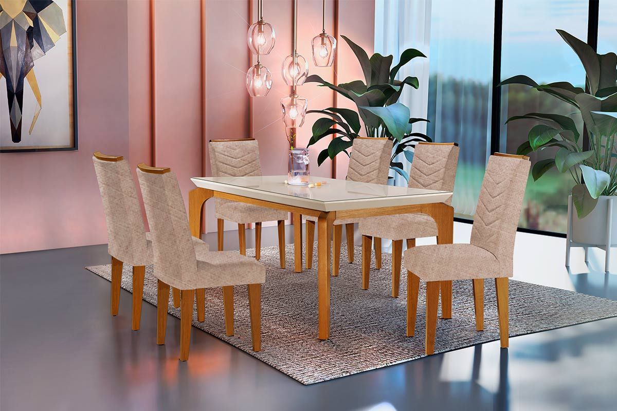 Sala Jantar Mesa Londrina Tampo MDF/Vidro Canto Curvo 180cm + 6Cadeiras Londrina - Rufato