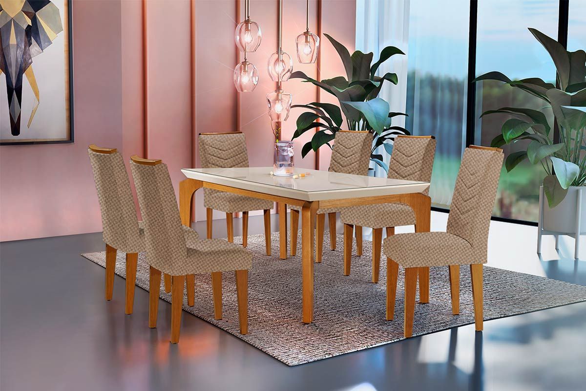 Sala Jantar Mesa Londrina Tampo MDF/Vidro Canto Curvo 180cm + 6Cadeiras Londrina - Rufato