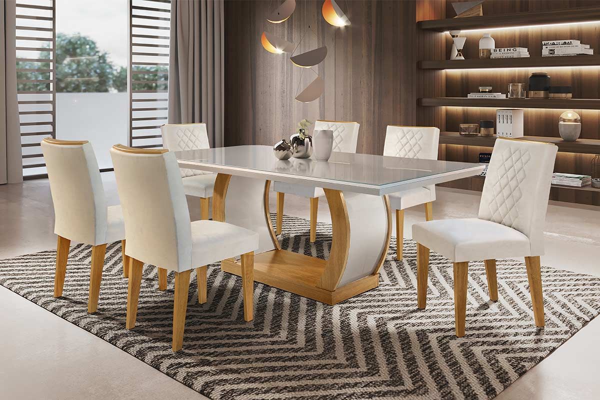 Sala de Jantar Completa Jade Tampo Madeirado c/ Vidro Canto Curvo 180x90cm e 6 Cadeiras Jade - Rufato