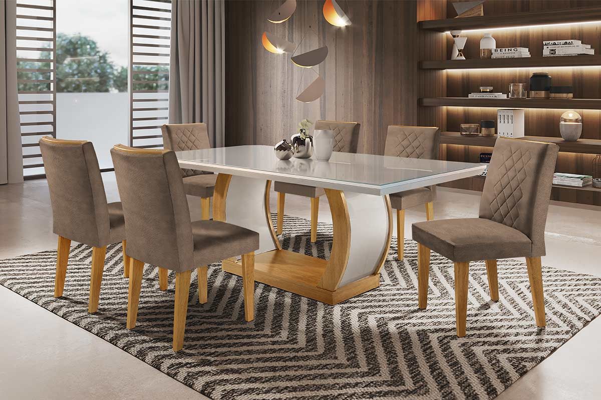 Sala de Jantar Completa Jade Tampo Madeirado c/ Vidro Canto Curvo 180x90cm e 6 Cadeiras Jade - Rufato