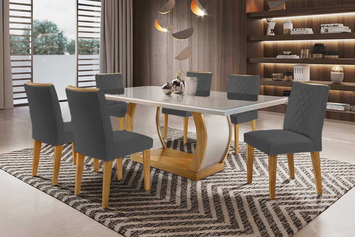 Sala de Jantar Completa Jade Tampo Madeirado c/ Vidro Canto Curvo 180x90cm e 6 Cadeiras Jade - Rufato