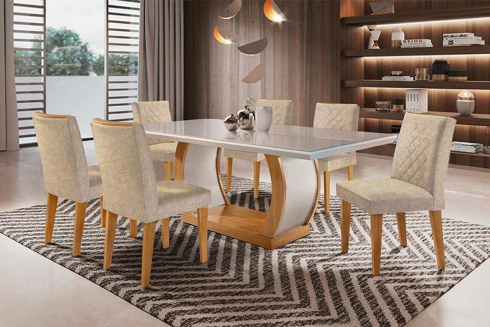 Sala de Jantar Completa Jade Tampo Madeirado c/ Vidro Canto Curvo 180x90cm e 6 Cadeiras Jade - Rufato