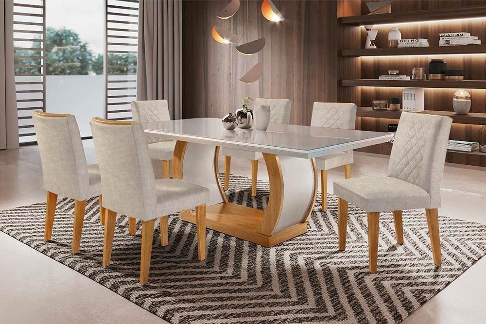 Sala de Jantar Completa Jade Tampo Madeirado c/ Vidro Canto Curvo 180x90cm e 6 Cadeiras Jade - Rufato