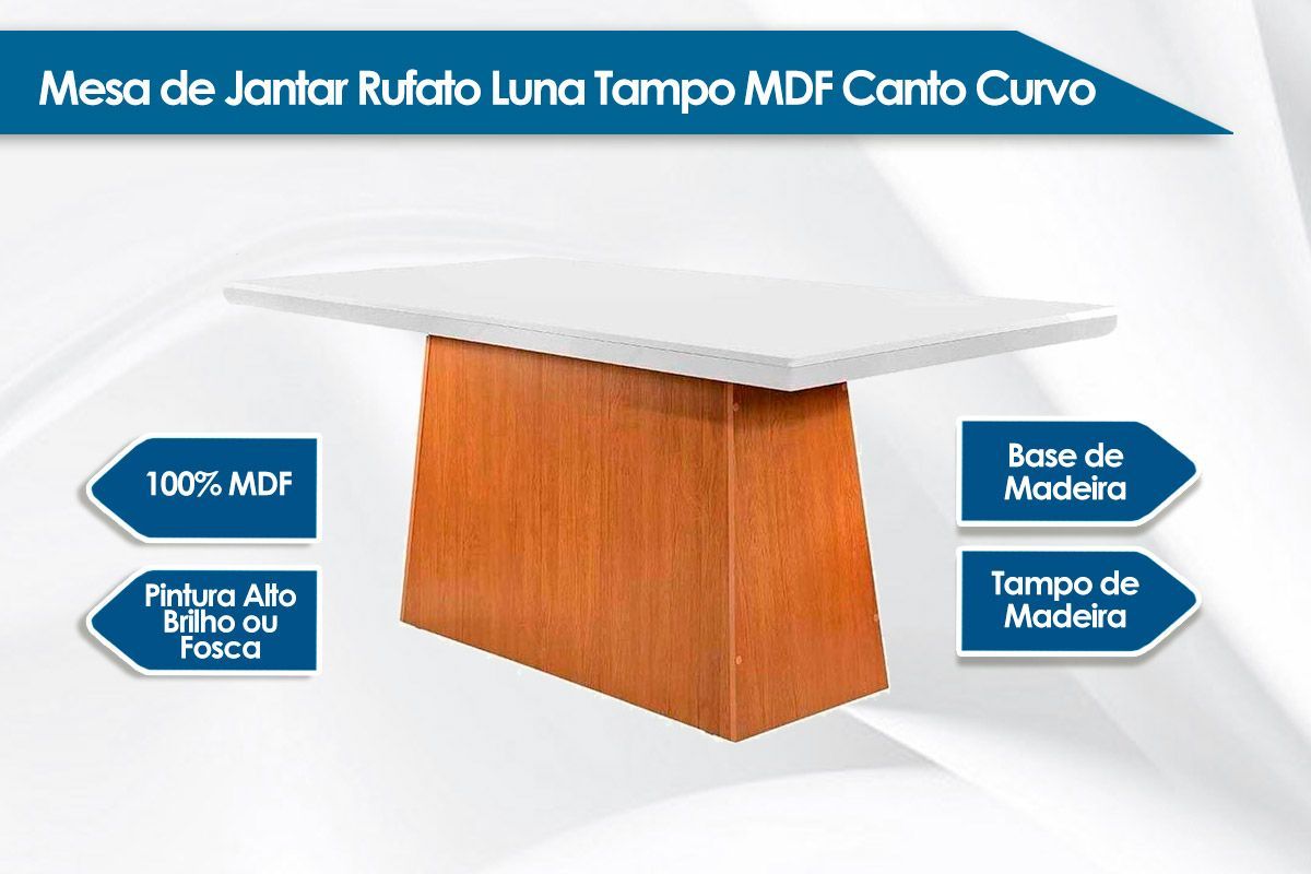 Sala de Jantar Completa Luna Tampo Madeirado c/ Vidro Canto Reto 180x90cm e 6 Cadeiras Grécia - Rufato