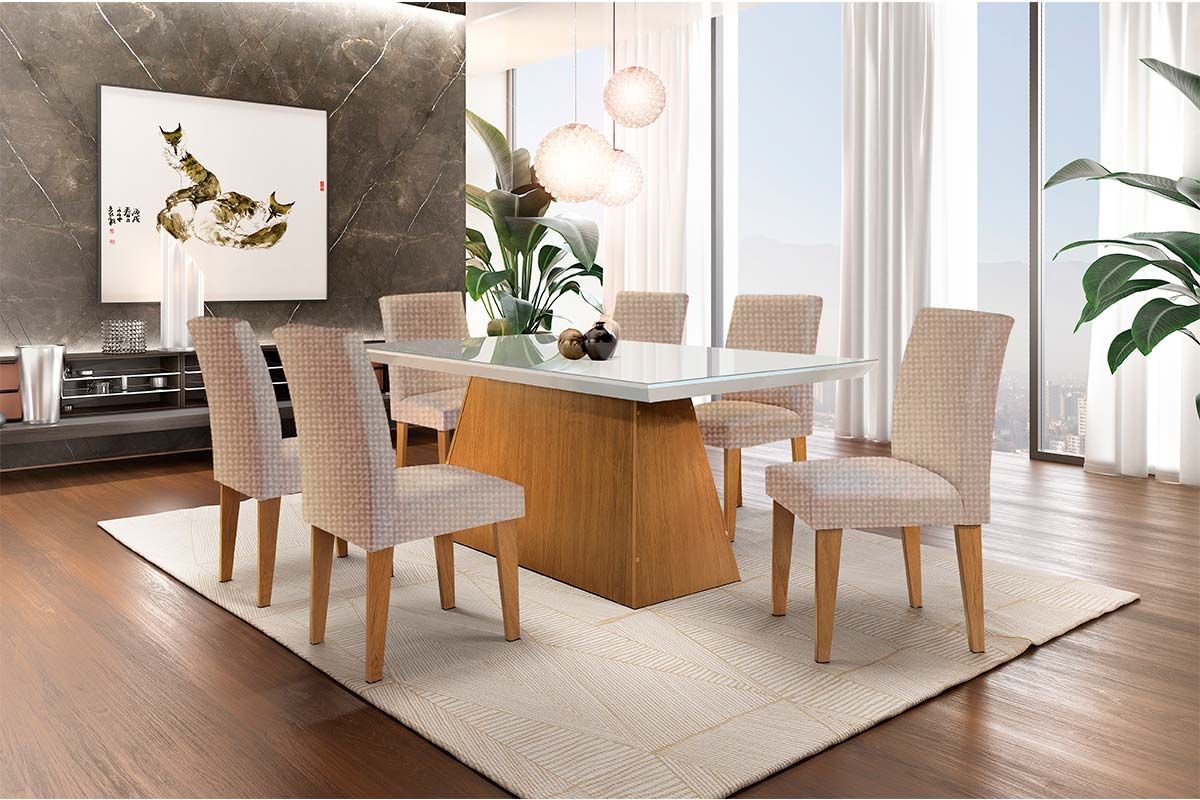 Sala de Jantar Completa Luna Tampo Madeirado c/ Vidro Canto Reto 180x90cm e 6 Cadeiras Grécia - Rufato