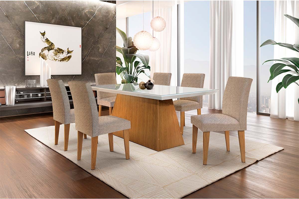 Sala de Jantar Completa Luna Tampo Madeirado c/ Vidro Canto Reto 180x90cm e 6 Cadeiras Grécia - Rufato