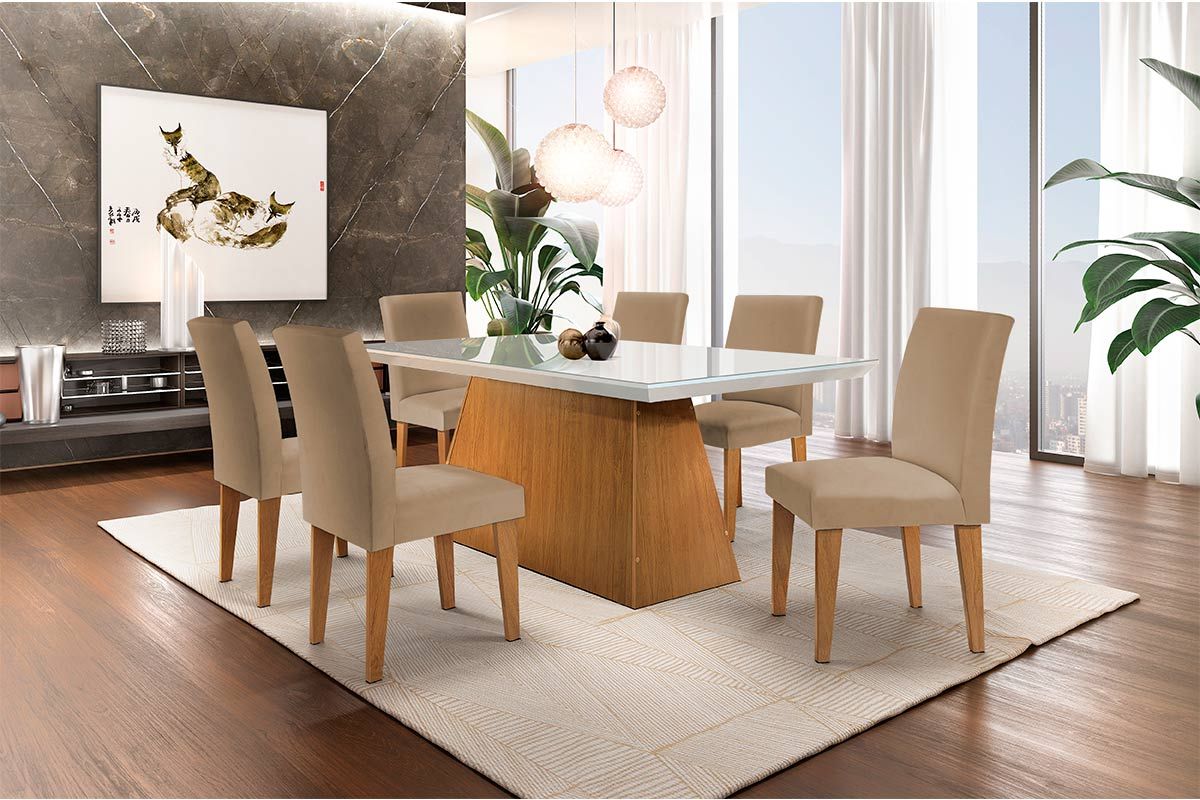 Sala de Jantar Completa Luna Tampo Madeirado c/ Vidro Canto Reto 180x90cm e 6 Cadeiras Grécia - Rufato