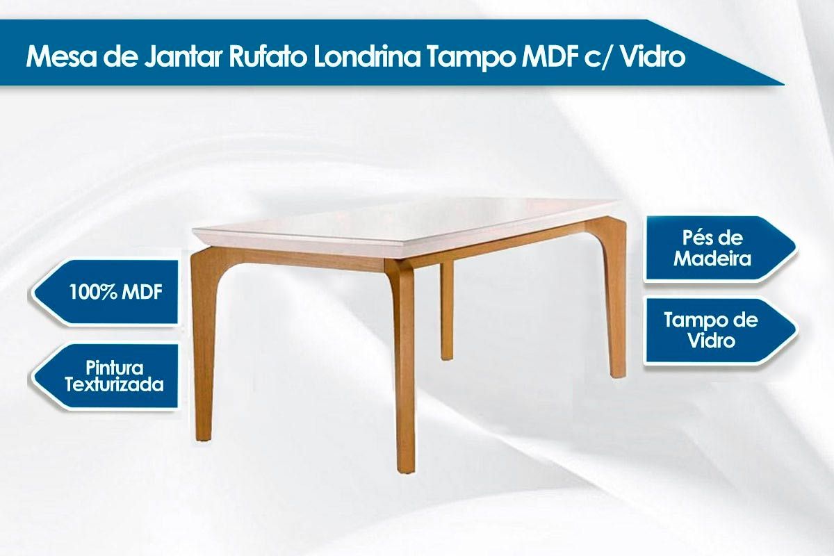 Sala Jantar Mesa Londrina Tampo Madeirado c/ Vidro 120x80cm e 4 Cadeiras Jade - Rufato