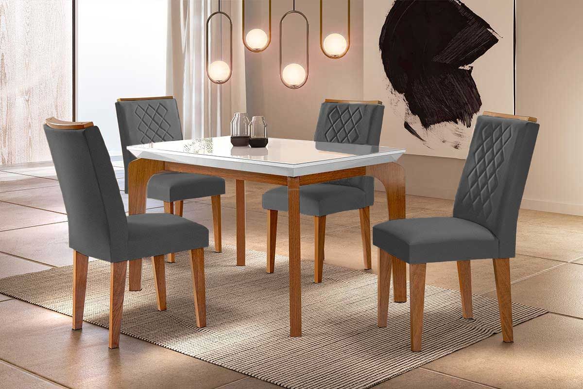 Sala Jantar Mesa Londrina Tampo Madeirado c/ Vidro 120x80cm e 4 Cadeiras Jade - Rufato