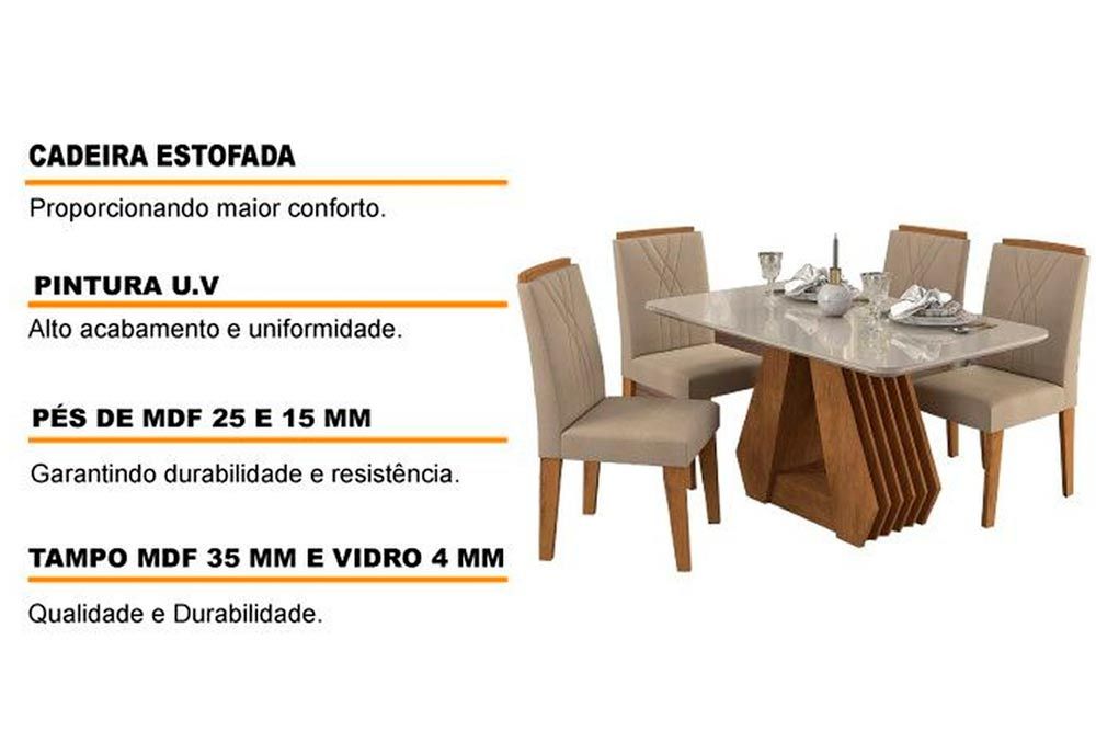 Sala Jantar Mesa Ágata Tampo Madeirado c/ Vidro 130X80 cm e 4 Cadeiras Nicole - Cimol
